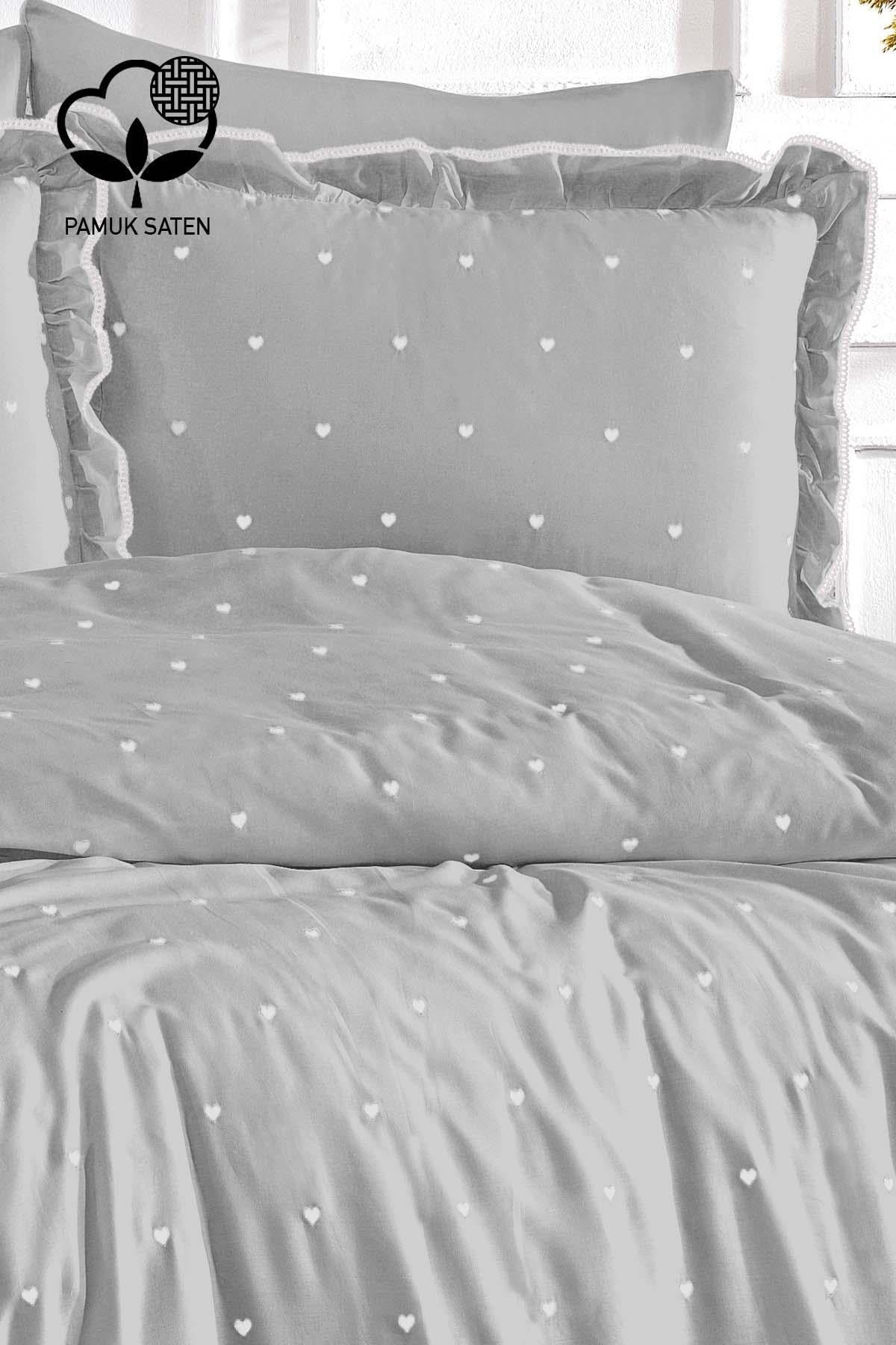 Amore Heart Embroidered Cotton Satin Single 4-Piece Duvet Cover Set