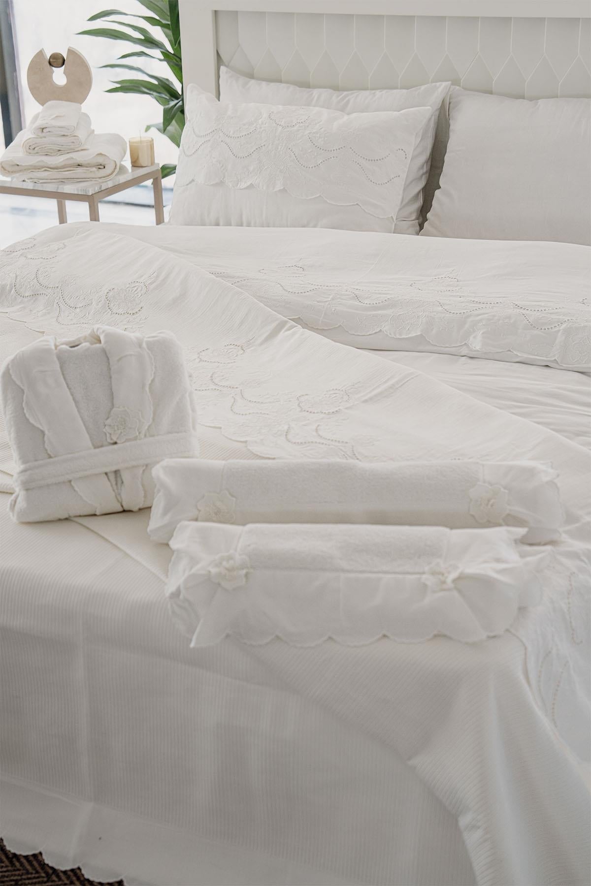 Hanzade Floral Embroidered King Size 7-Piece Duvet Cover + Quilt Set
