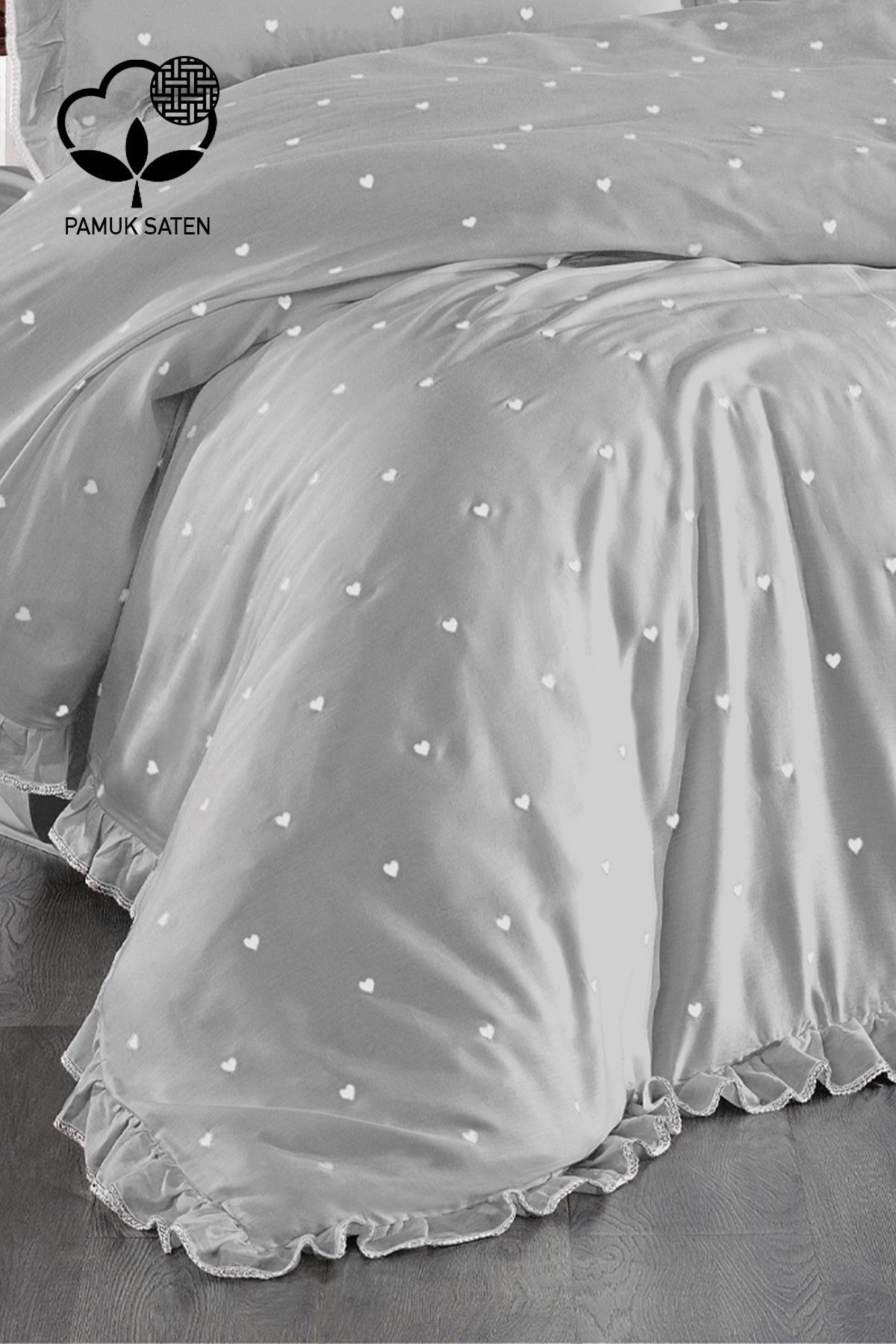 Amore Heart Embroidered Cotton Satin Single 4-Piece Duvet Cover Set