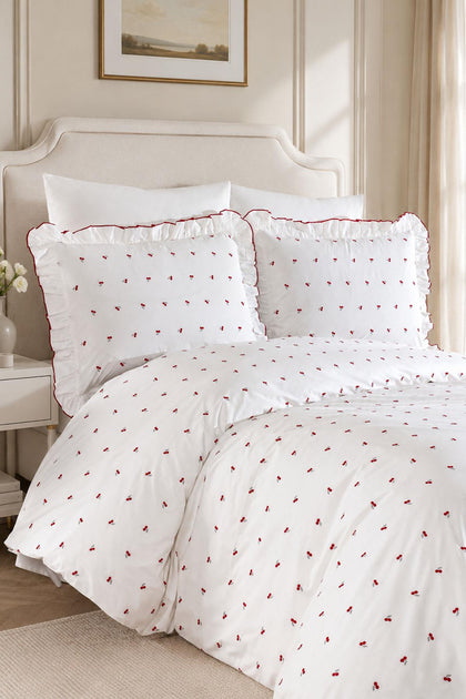 Cherry Embroidered 100% Cotton Double 6-Piece Duvet Cover Set