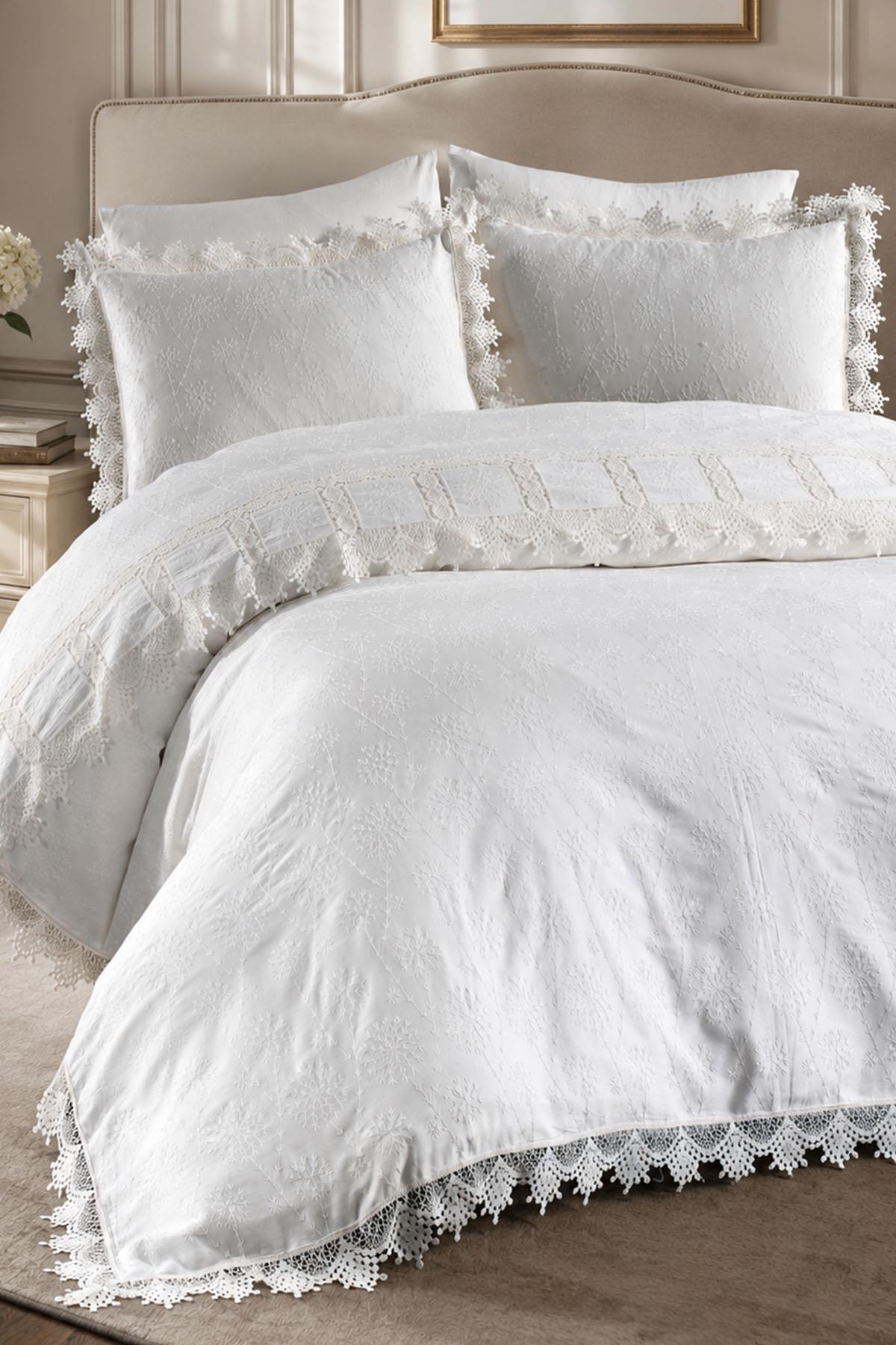 Mirage Lace Trimmed Cotton Satin King Size 6-Piece Duvet Cover Set