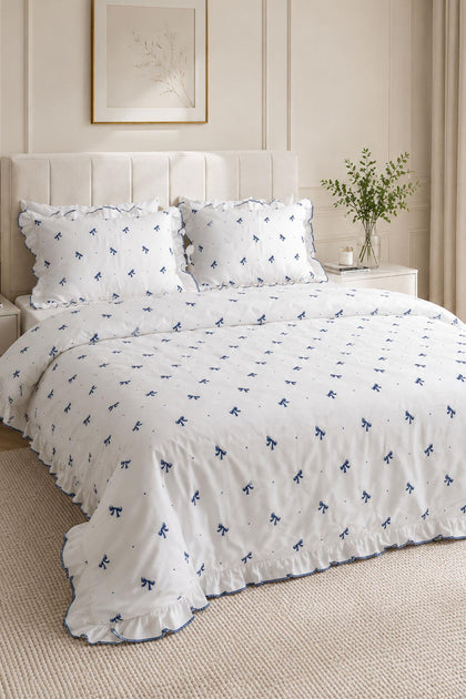 Serena Bow Embroidered Cotton Satin Double 6-Piece Duvet Cover Set